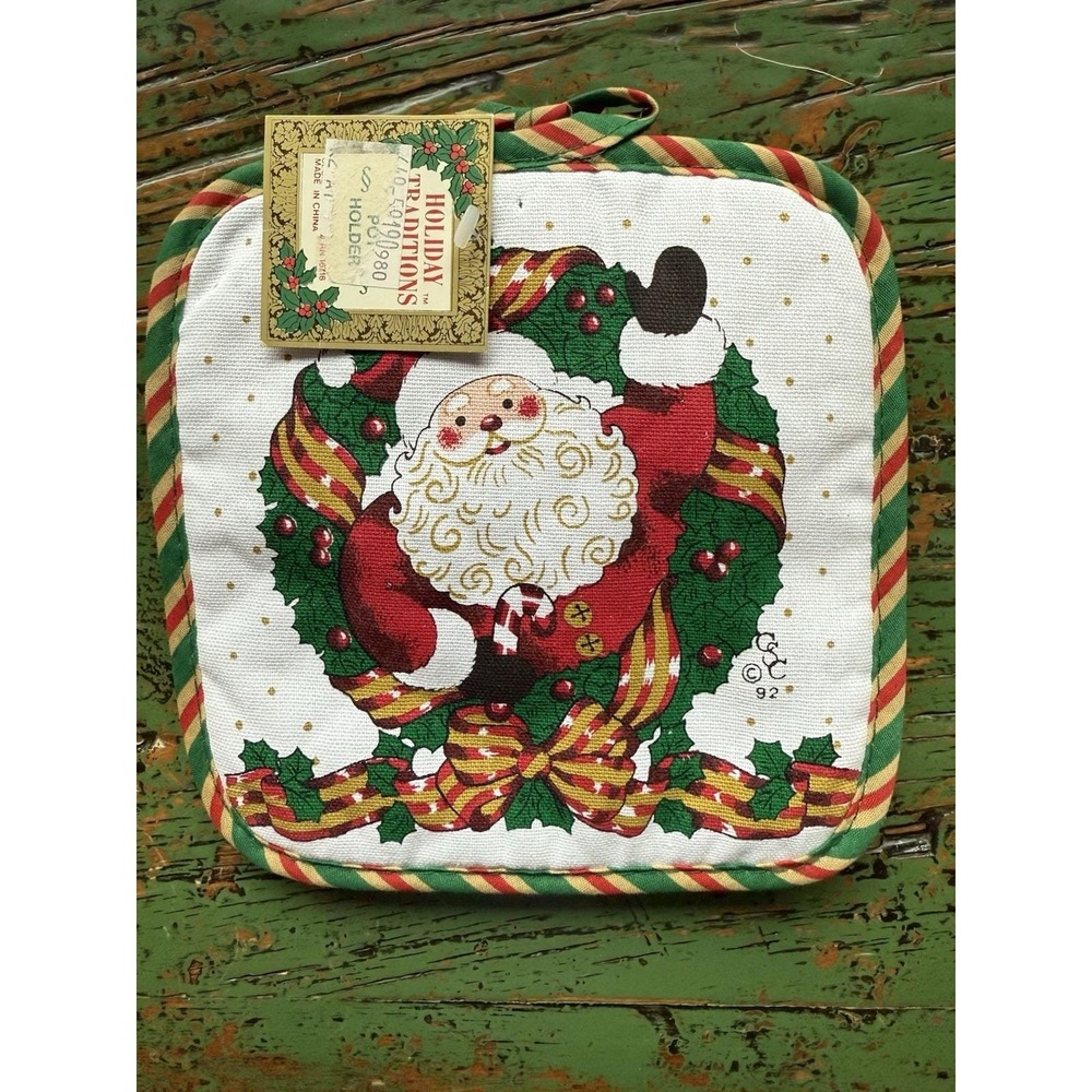 Vintage Christmas Pot Holders Set Of 2 With Santa Clause Striped New